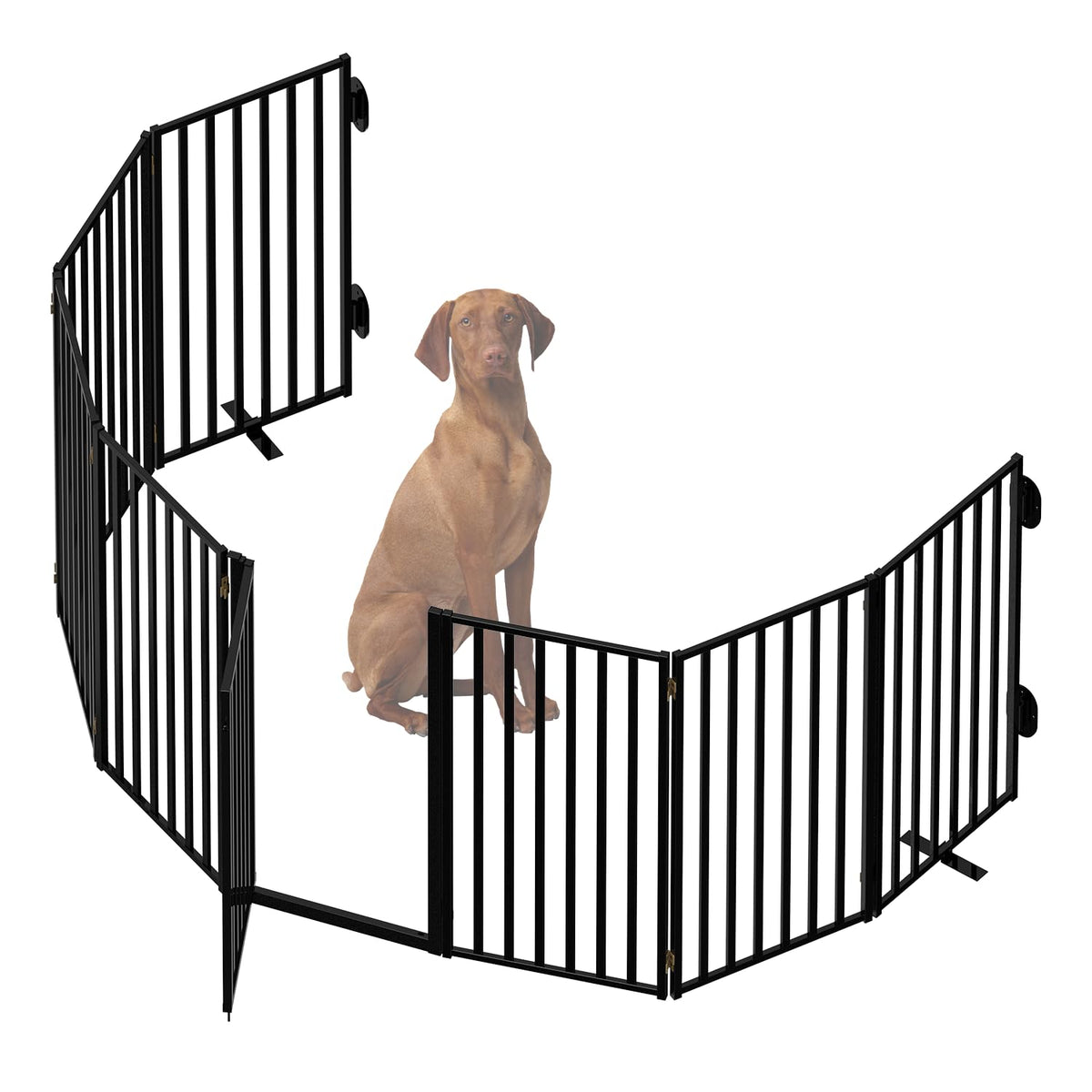 32" Tall 8-Panel Freestanding Heavy-Duty Steel Folding Pet & Dog Barrier Gate with Walk-Through Swing Door for Wide Indoor Openings, Hallways & Stairs