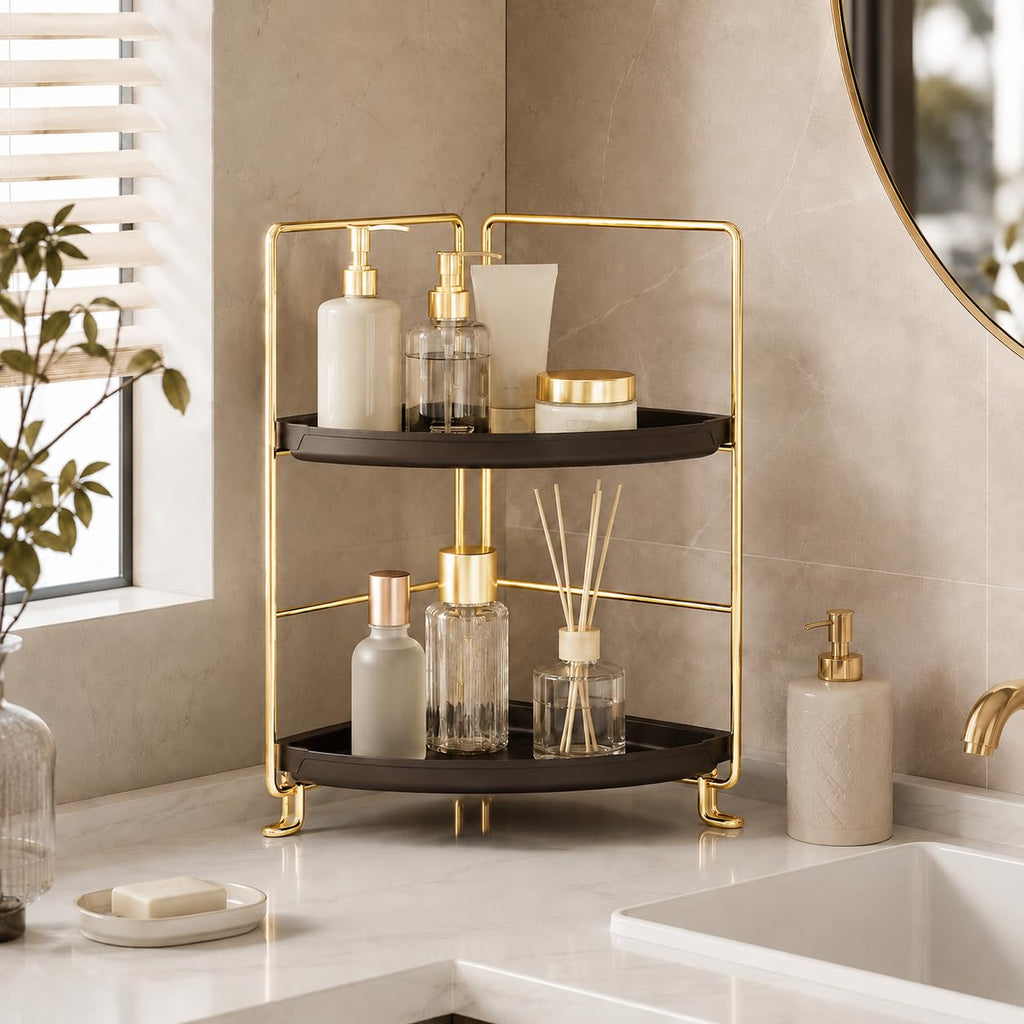 2-Tier Corner Bathroom Counter Organizer, Gold & Brown