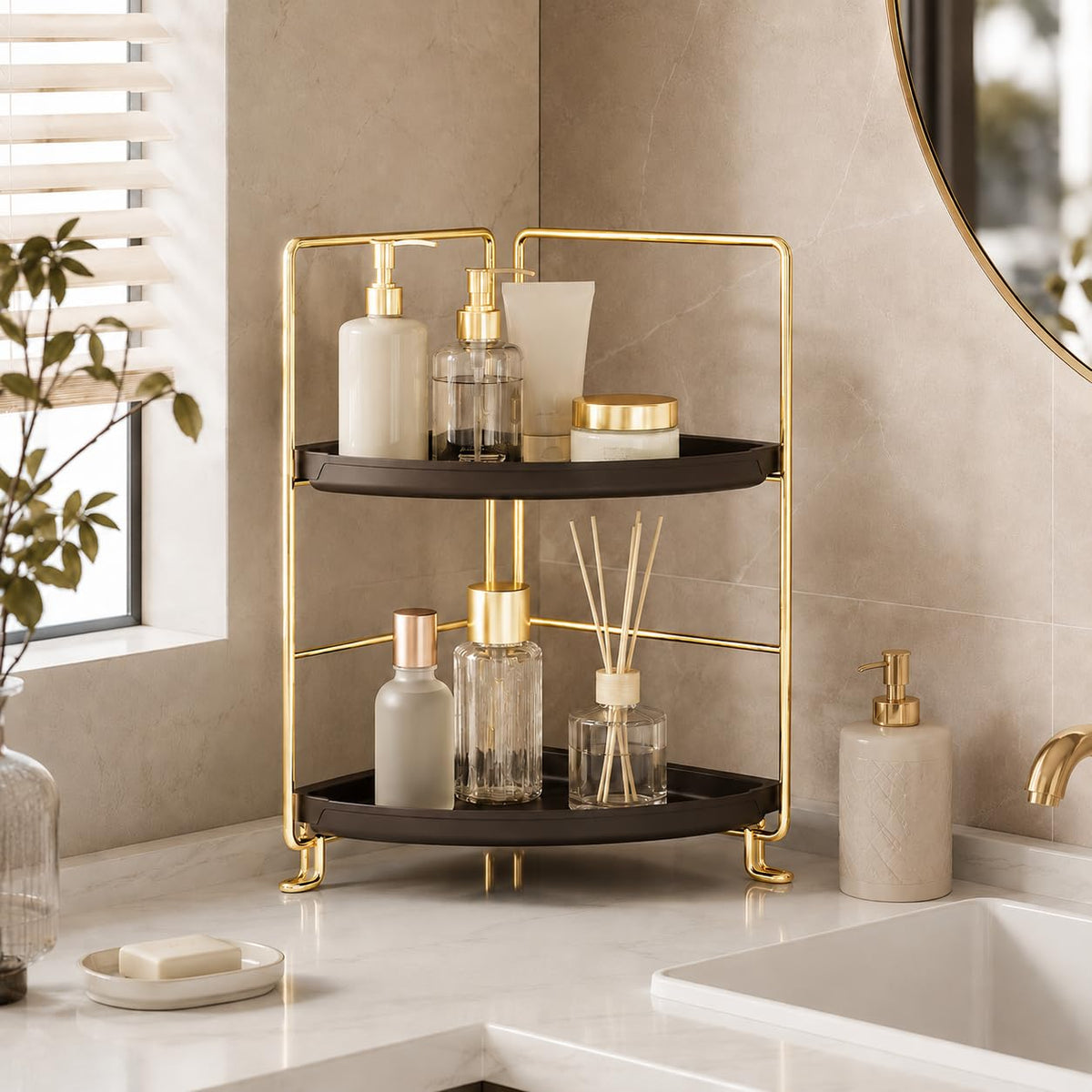 2-Tier Corner Bathroom Counter Organizer, Gold & Brown
