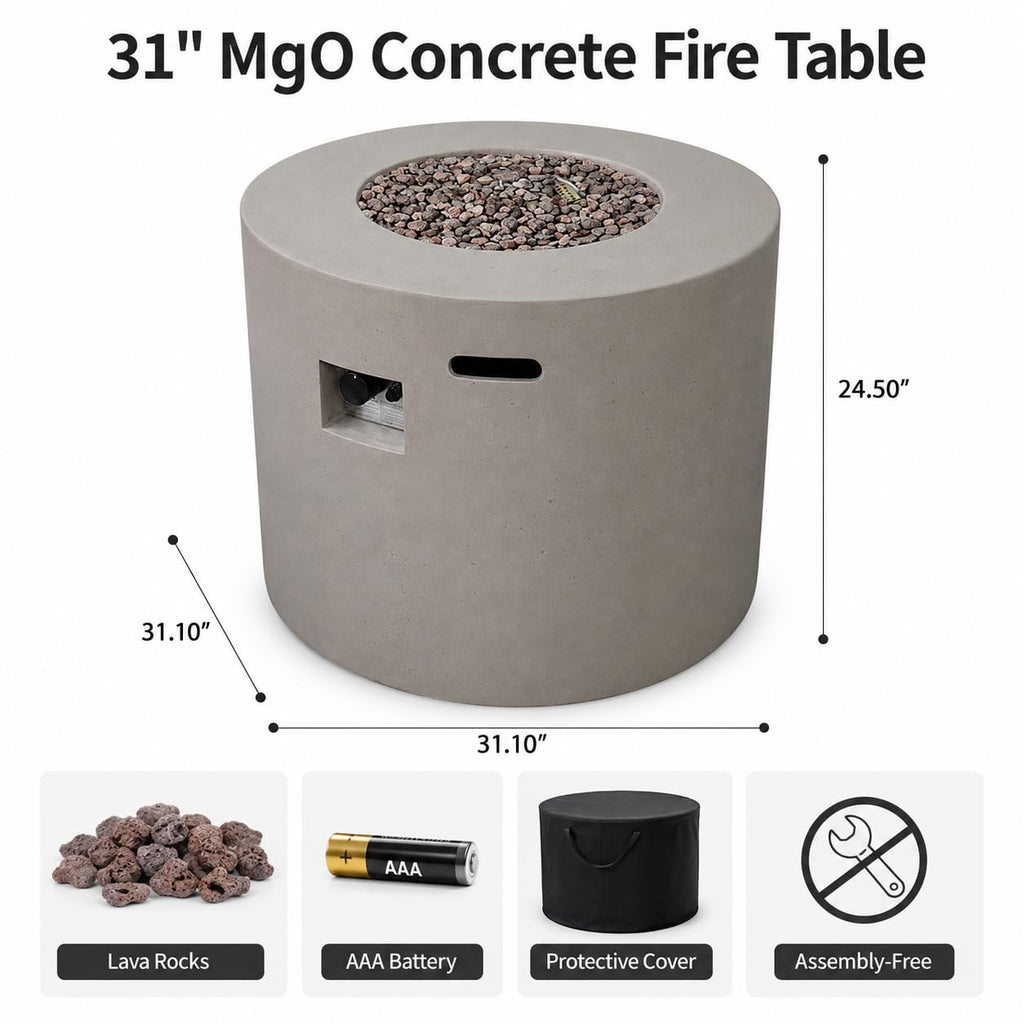31“ Propane Fire Pit Table for Outside Patio, 40000BTU, Light Grey