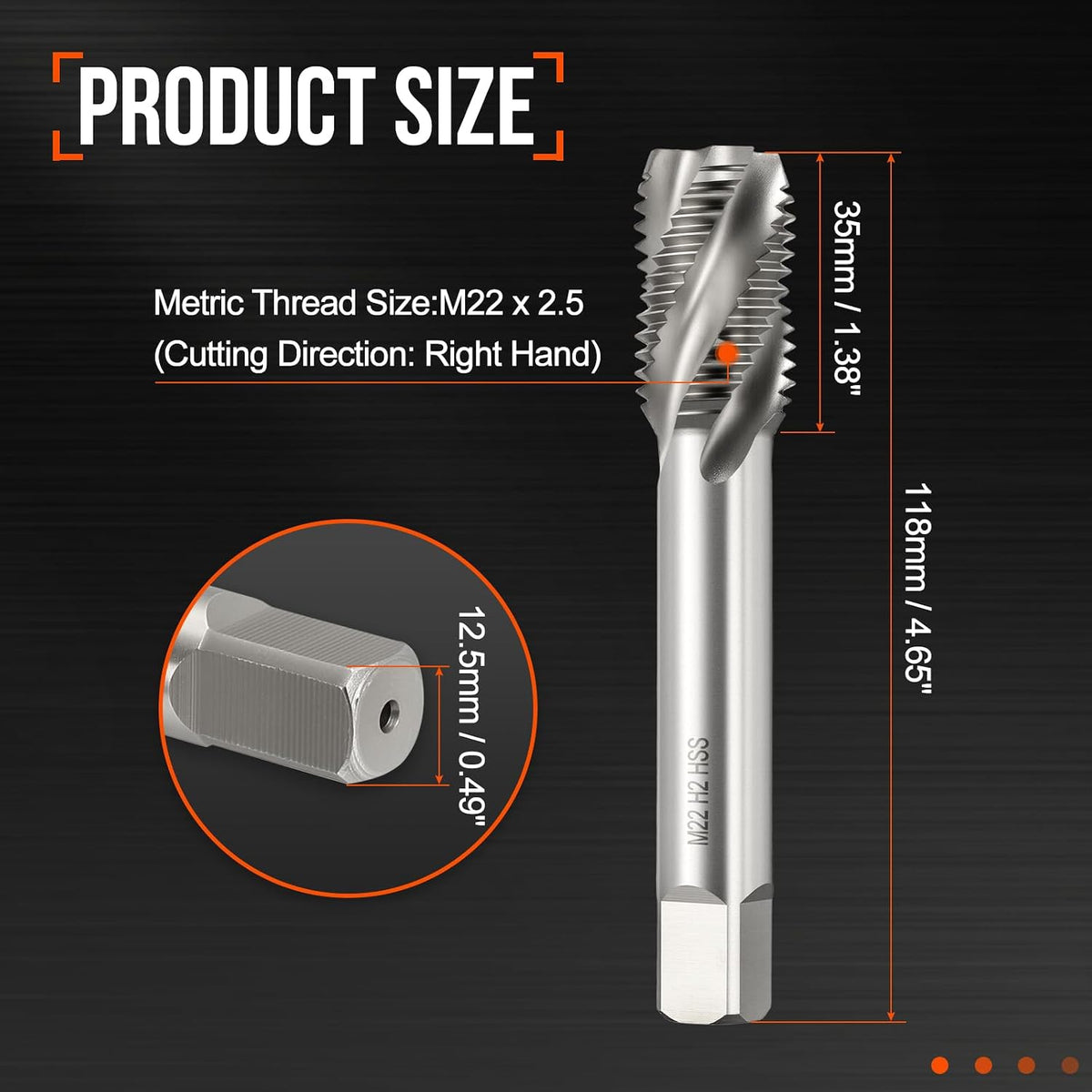 M22 x 2.5 Spiral Flute Thread Tap M2 High Speed Steel Polished