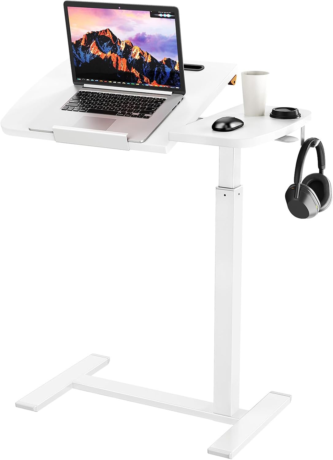 Overbed Table with Wheels, Pneumatic Height and Tilting Desktop