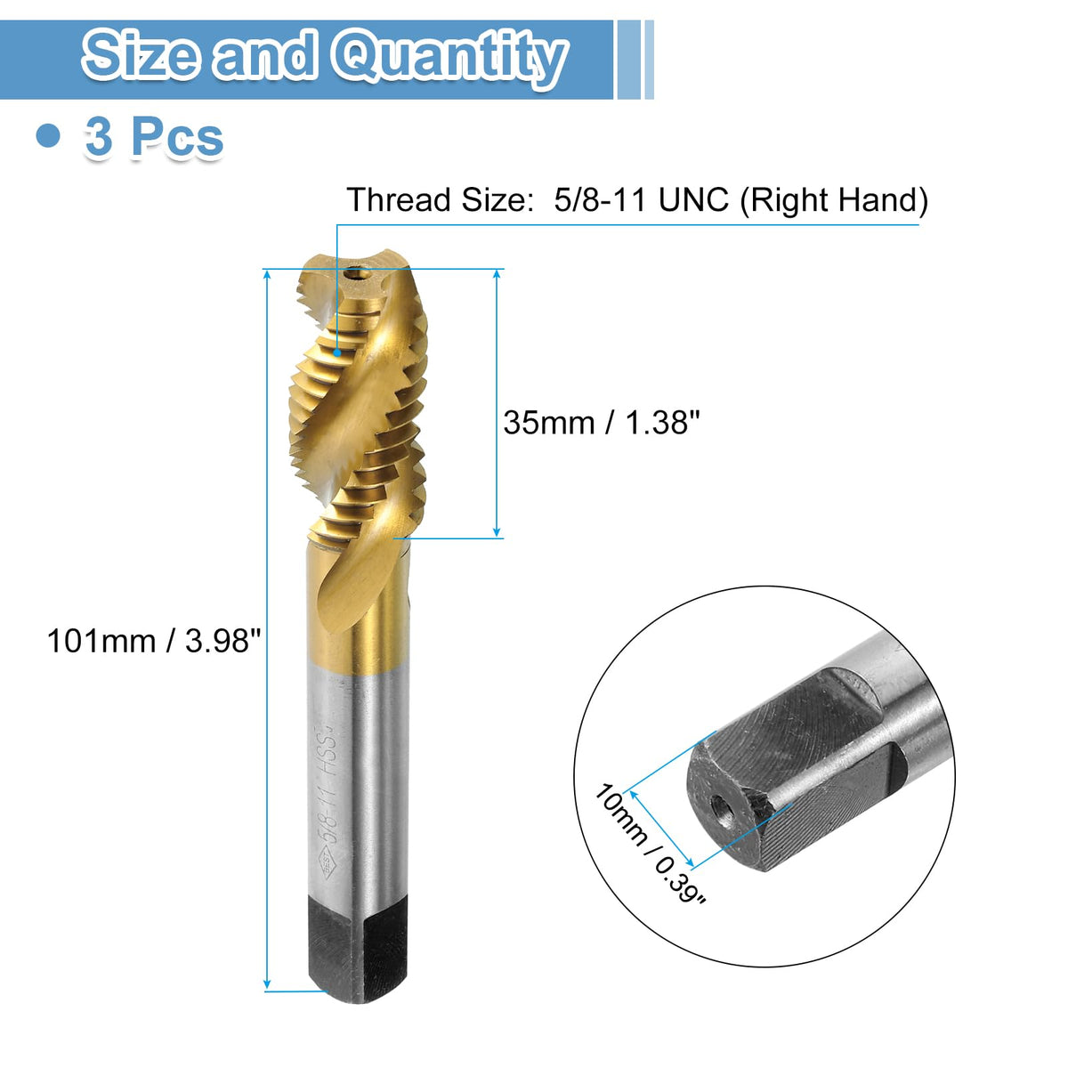 uxcell 3pcs Spiral Flute Thread Taps, 5/8-11 UNC H2 Screw Threading Tap, Titanium Coated 6542 High Speed Steel Machine Tapping Tools for Machinist Repair