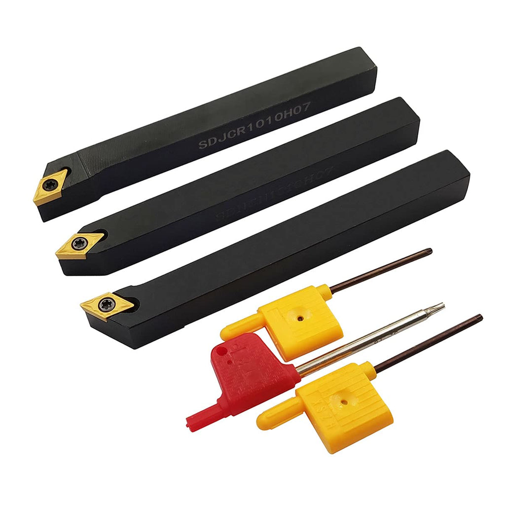 ASZLBYM 3pcs 3/8"/10mm Shank Indexable Carbide Lathe Turning Tools Insert Holder Bit Set SDNCN1010H07 + SDJCL1010H07 + SDJCR1010H07 with 3PCS DCMT21.51/DCMT070204 Indexable Carbide Turning Insert