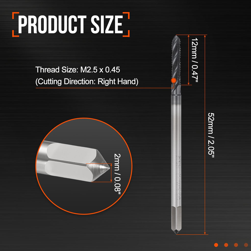 Workkyma M2.5 x 0.45 Spiral Flute Thread Tap M35 High Speed Steel DIN371