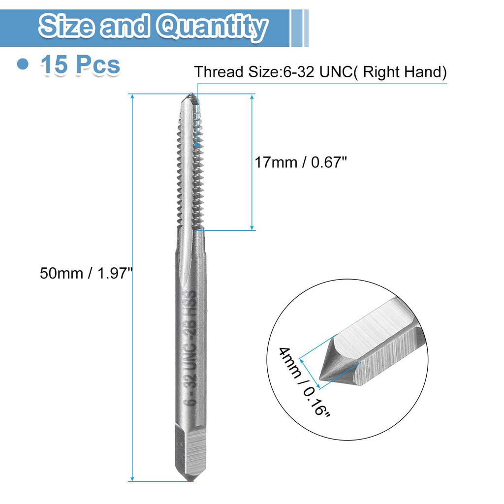 uxcell 15pcs Straight Flute Thread Tap, 6-32 UNC Screw Threading Tapping Tool Thread Milling Machine Taps, High-Speed Steel 6542 (HSS 6542)