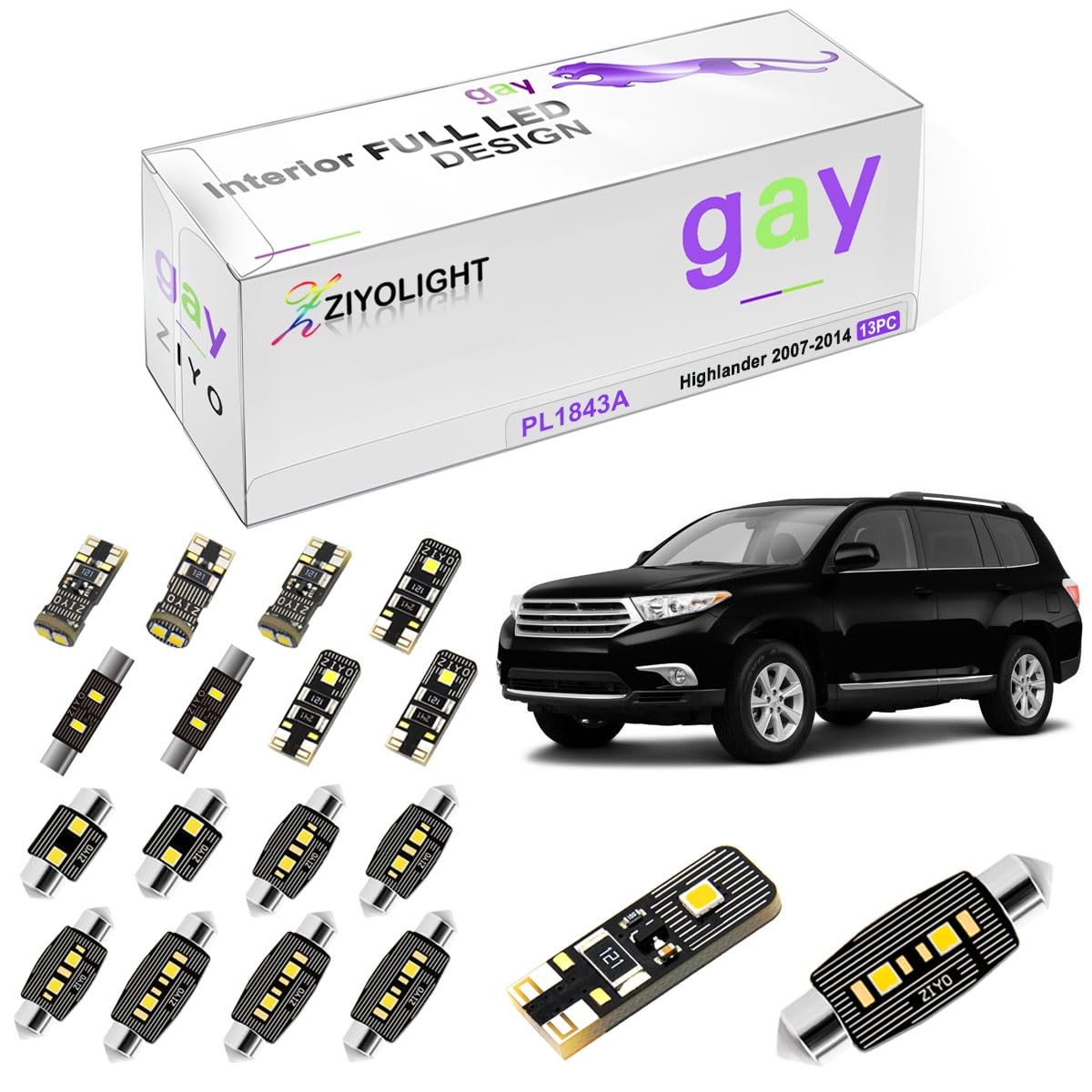 ZIYOLIGHT - PL1843A Replacement for Toyota Highlander Kluger 2007-2014 LED Interior Light kit, 6000K White Dome Lights Accessories Package + License Plate Light Bulbs Upgrade (13 Bulbs)