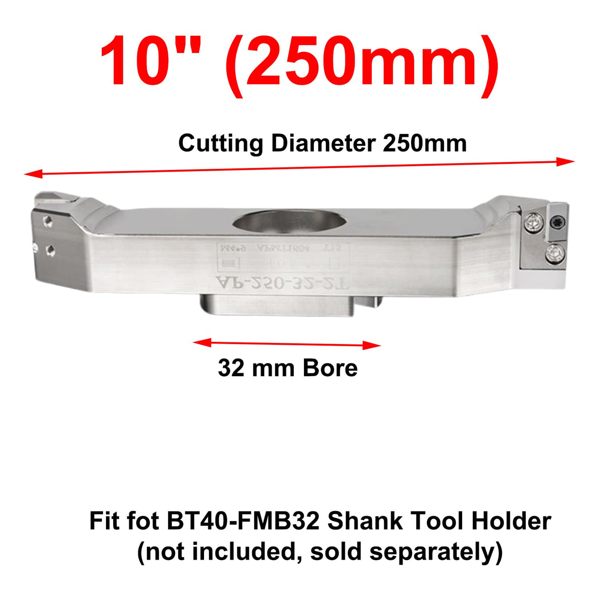 HeeHoo 90 Degree Dual-Insert Indexable CNC Fly Cutter, Adjustable Seats, Face Milling Cutter for Machining Steel Workpiece, for BT40 FMB32 Tool Holder (10" (250mm))