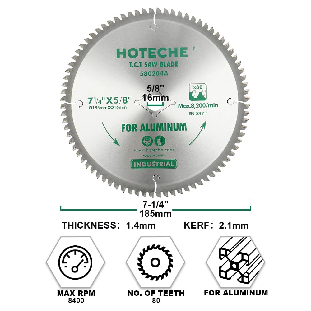 Hoteche 7-1/4-Inch Circular Saw Blade for Aluminum 80-Tooth Tungsten Carbide-Tipped Blade High-Performance Professioal Saw Blade for Circular Saws and Miter Saws, Rhombus Hole Size 5/8-inch