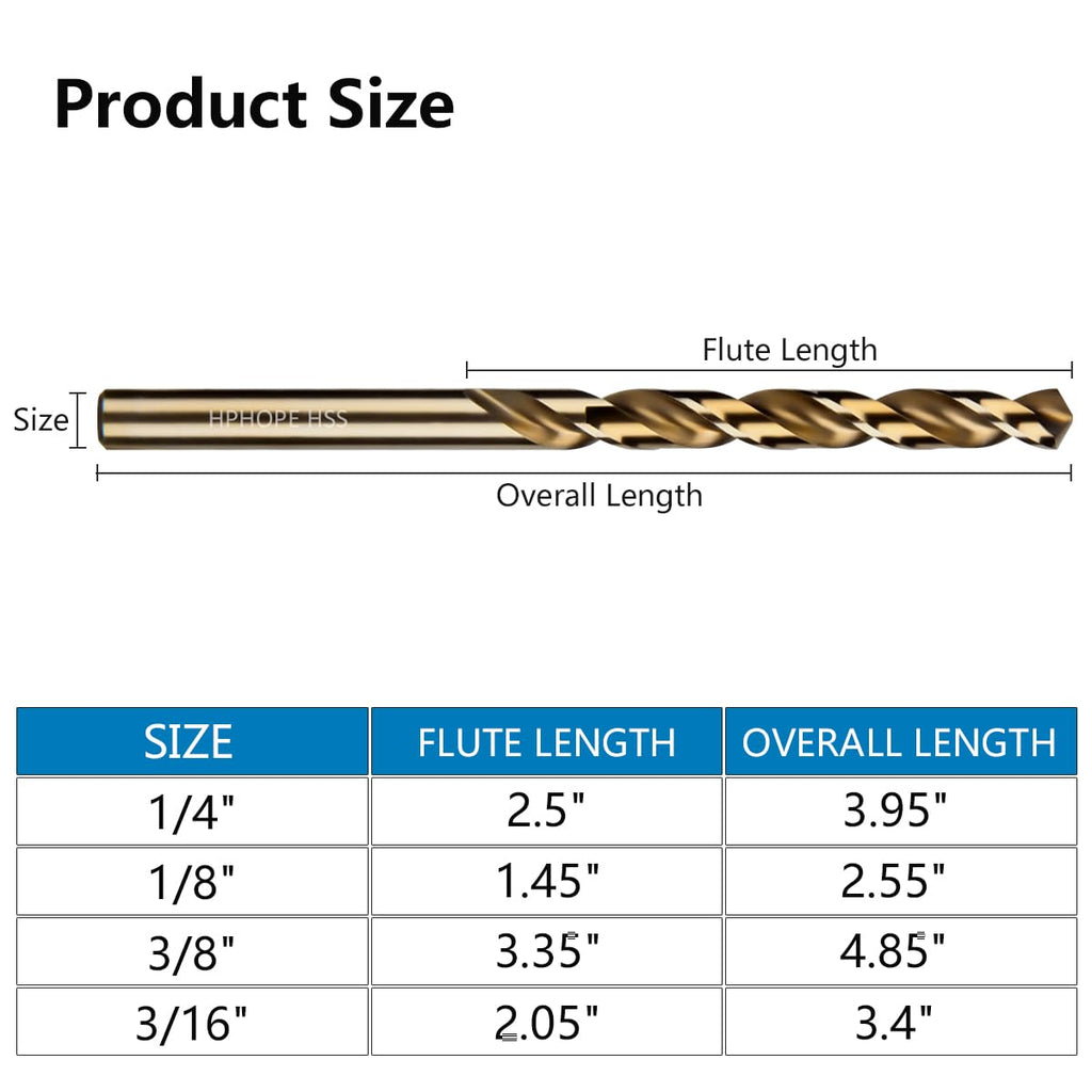 3/8 Inch HSS Twist Drill Bits 5Pcs, HPHOPE 3/8" Jobber Drill Bits Set, Straight Round Shank, Suitable for Drilling in Hard Metal, Stainless Steel, Cast Iron