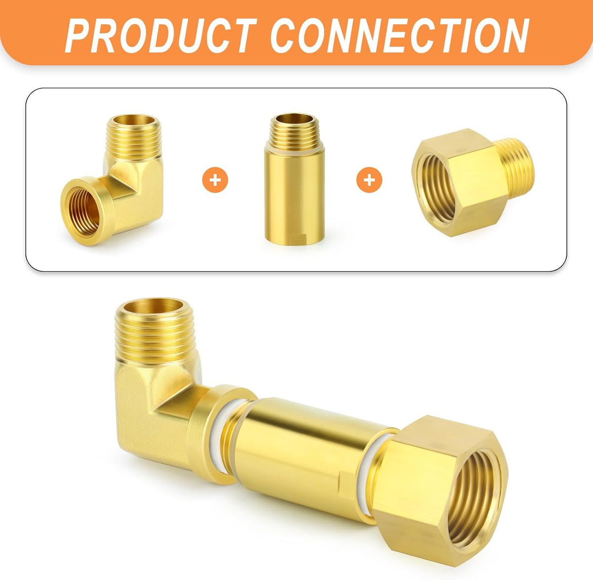 2Pcs Brass Pipe Plumbing Adapter with Rubber O-ring, 1/2" NPT Male x 1/2" NPT Female Pipe Fitting Coupler,Length