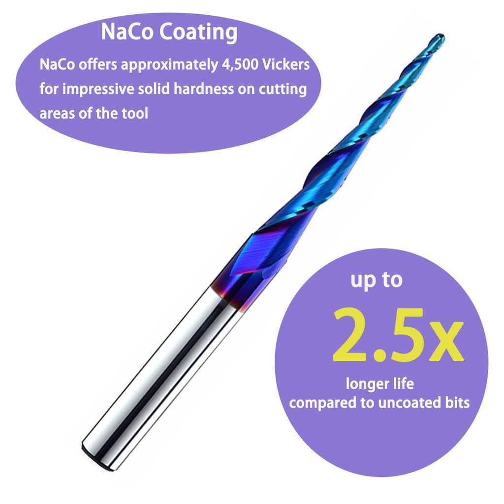 HZBIAO 2.4 Degree Ball Nose Upcut CNC Spiral Router Bit 1/4" Shank 2D & 3D Carving Tapered End Mill Size: 1/8Dx1-1/2CHx1/4SHKx3L STQ488