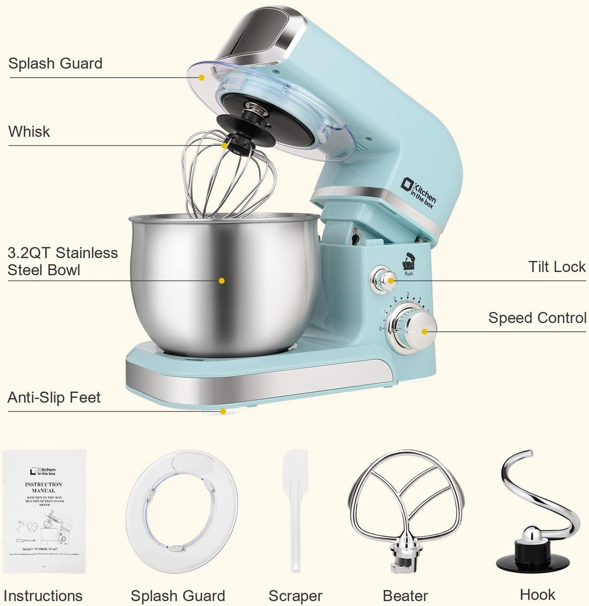 Stand Mixer,3.2Qt Small Electric Food Mixer,6 Speeds Portable Lightweight Kitchen Mixer for Daily Use with Egg