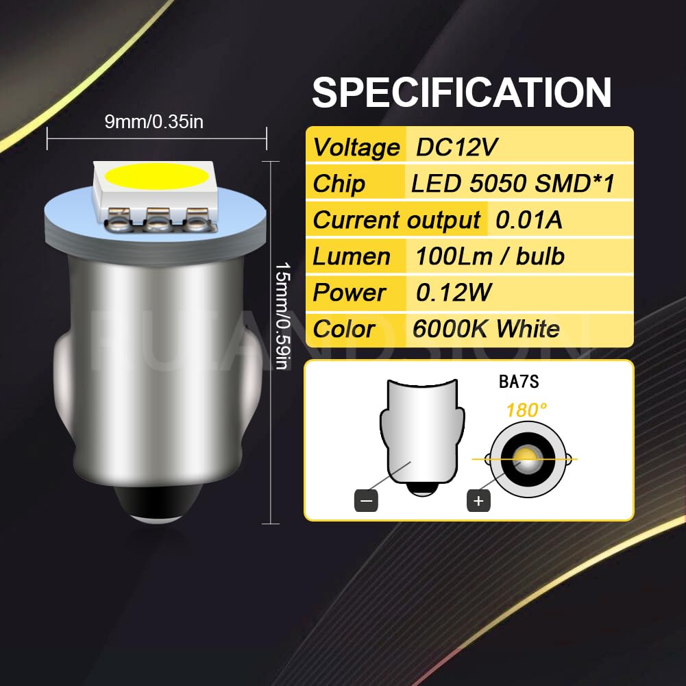 Ruiandsion BA7S LED Bulb White 12V for Instrument Panel Light 10Pcs