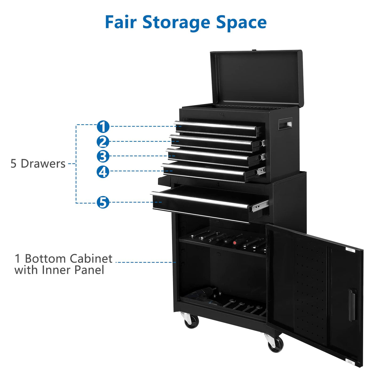 5-Drawer Rolling Tool Chest, Tool Storage Cabinet w/Drawers, Lockable Wheels, Detachable Top & Adjustable Shelf