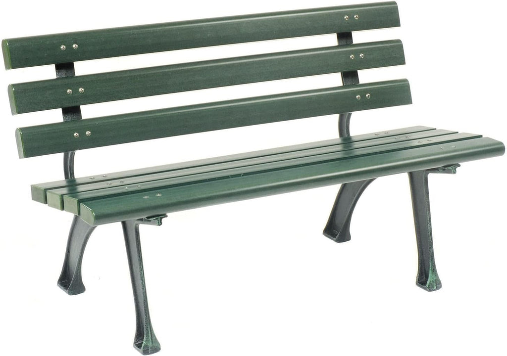 4'L Outdoor Park Bench with Backrest, Green, Plastic | Recylced Plastic Slats, Wrought Iron Frame, 1100 lbs Capacity