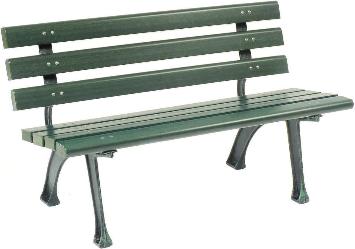 4'L Outdoor Park Bench with Backrest, Green, Plastic | Recylced Plastic Slats, Wrought Iron Frame, 1100 lbs Capacity