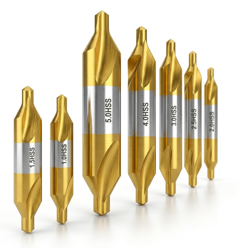 TJR Set of 7pcs TiN Coated Center Drills - 1mm, 1.5mm, 2mm, 2.5mm, 3mm, 4mm, 5mm - High-Speed Steel (HSS) Precision Drilling Tool Kit