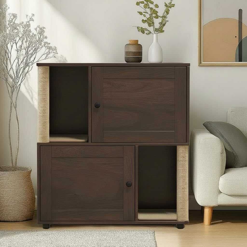 Double Cat Litter Box Enclosure Furniture Walnut Cat Litter Cabinet