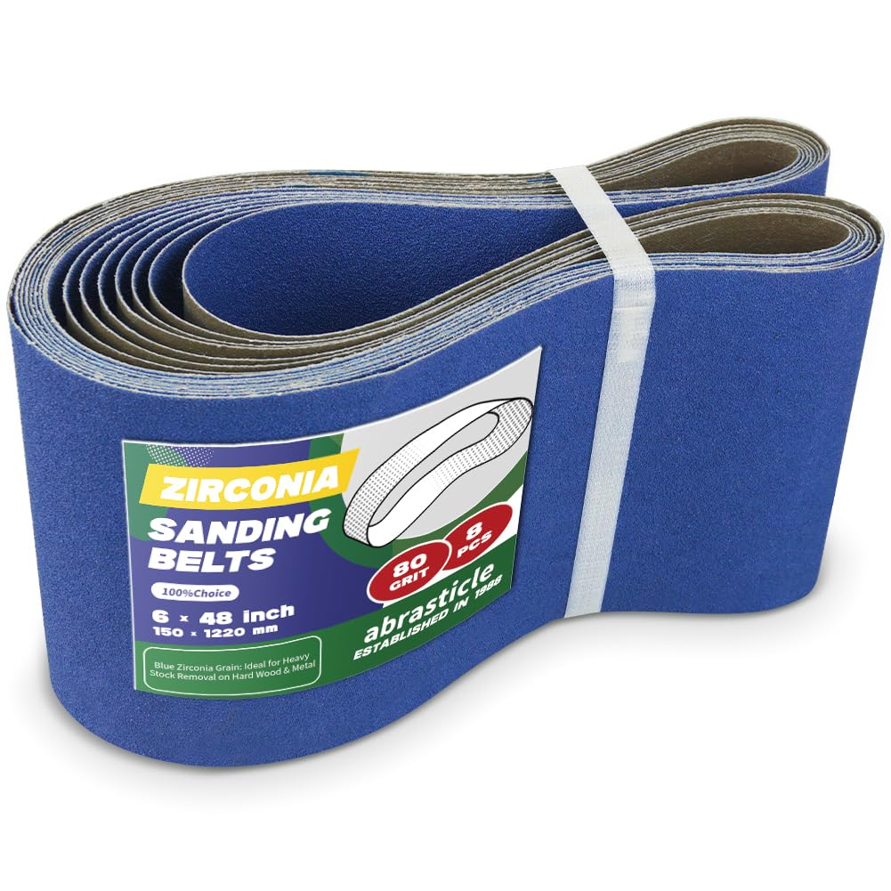 8 Pack 6 x 48 Inch Zirconia Sanding Belts, 80 Grit Heavy Duty Belt Sander Paper, Fits Belt Sander & Bench Sander for Professional Woodworking, Metal Polishing and Surface Preparation