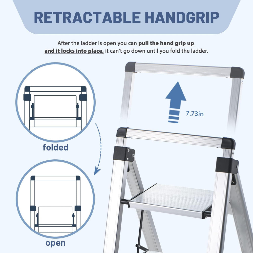 4 Step Ladder, Retractable Handgrip Folding Step Stool with Anti-Slip Wide Pedal, Aluminum Stool Ladders 4 Steps