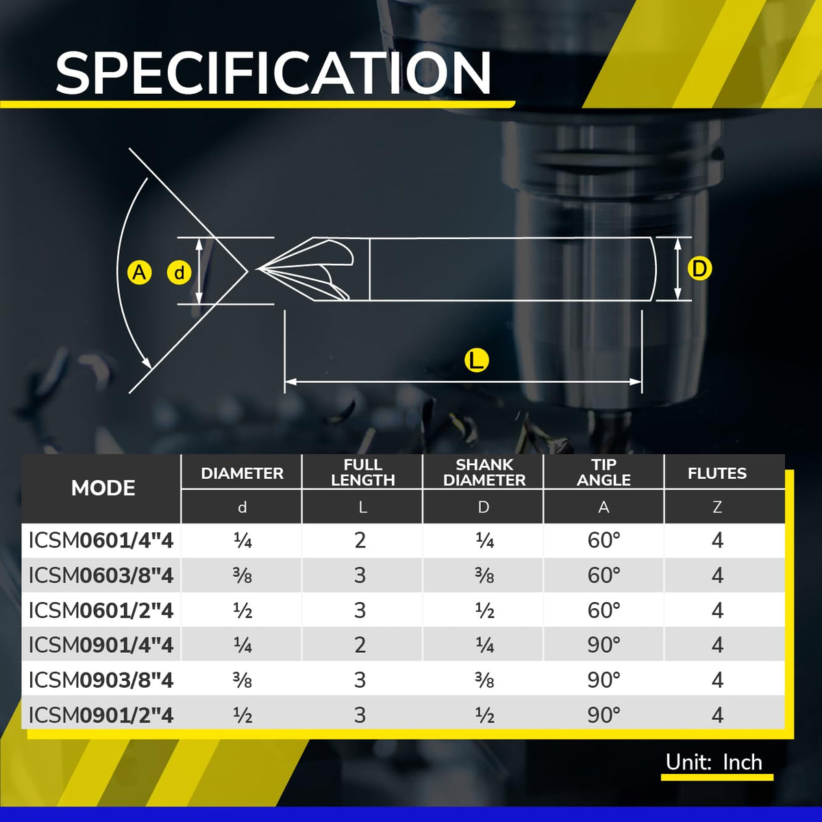 SPEED TIGER Chamfer End Mill - CNC Carving Bits, V Groove, 60 Degree, ICSM3/8 Diameter 3" OVL (1 Piece, 3/8" 60°) - for Wood, Alloy Steels, Hardened Steels – Mill Bits Sets for DIYers & Professionals