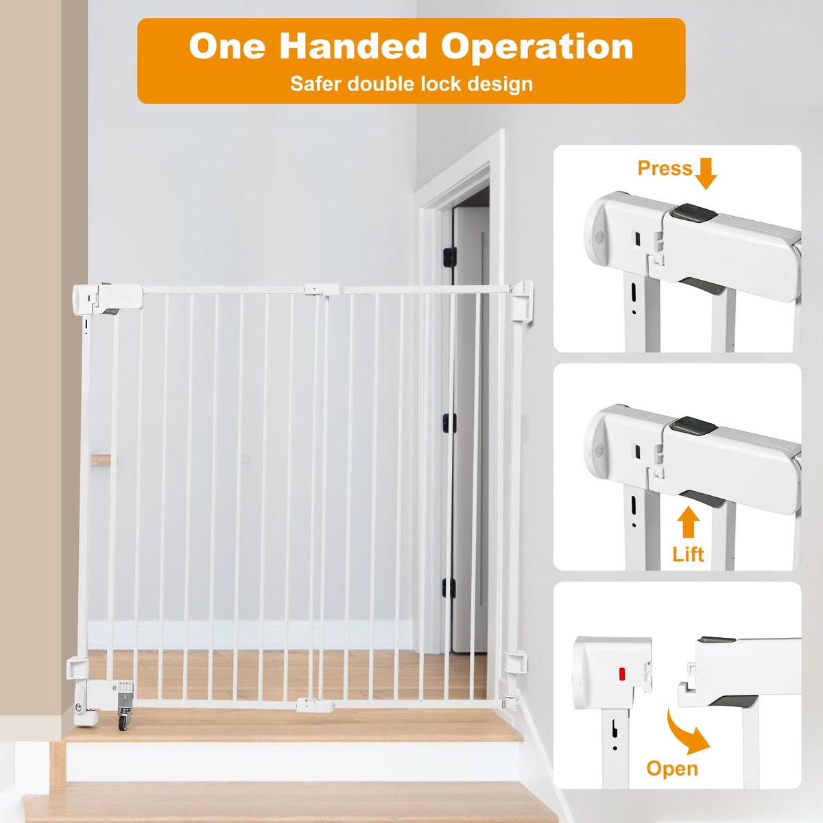 51.18" Tall Extra-Tall Adjustable Hardware/Pressure-Mounted Pet & Child Safety Gate with Dual-Lock Walk-Through Swing Door for Stairs, Hallways & Wide Doorways
