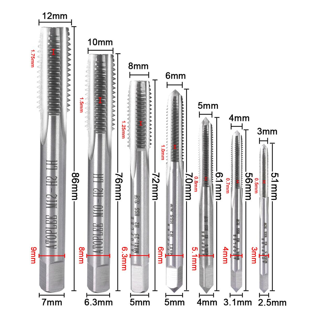 ATOPLEE 7pcs Metric M2 HSS 6542 Left Hand Thread Tap Set, M3 M4 M5 M6 M8 M10 M12