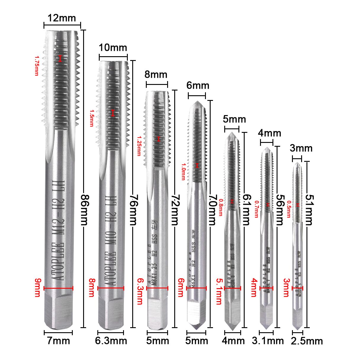 ATOPLEE 7pcs Metric M2 HSS 6542 Left Hand Thread Tap Set, M3 M4 M5 M6 M8 M10 M12