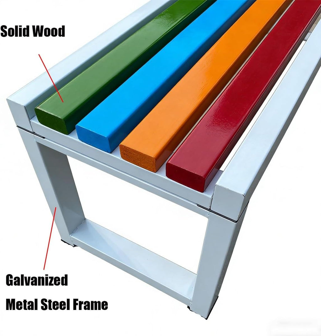 Outdoor Bench, Steel with Solid Wood Garden Park Benches 3.3ft 3.9ft 4.9ft 5.9ft Backless Patio Benches for Park