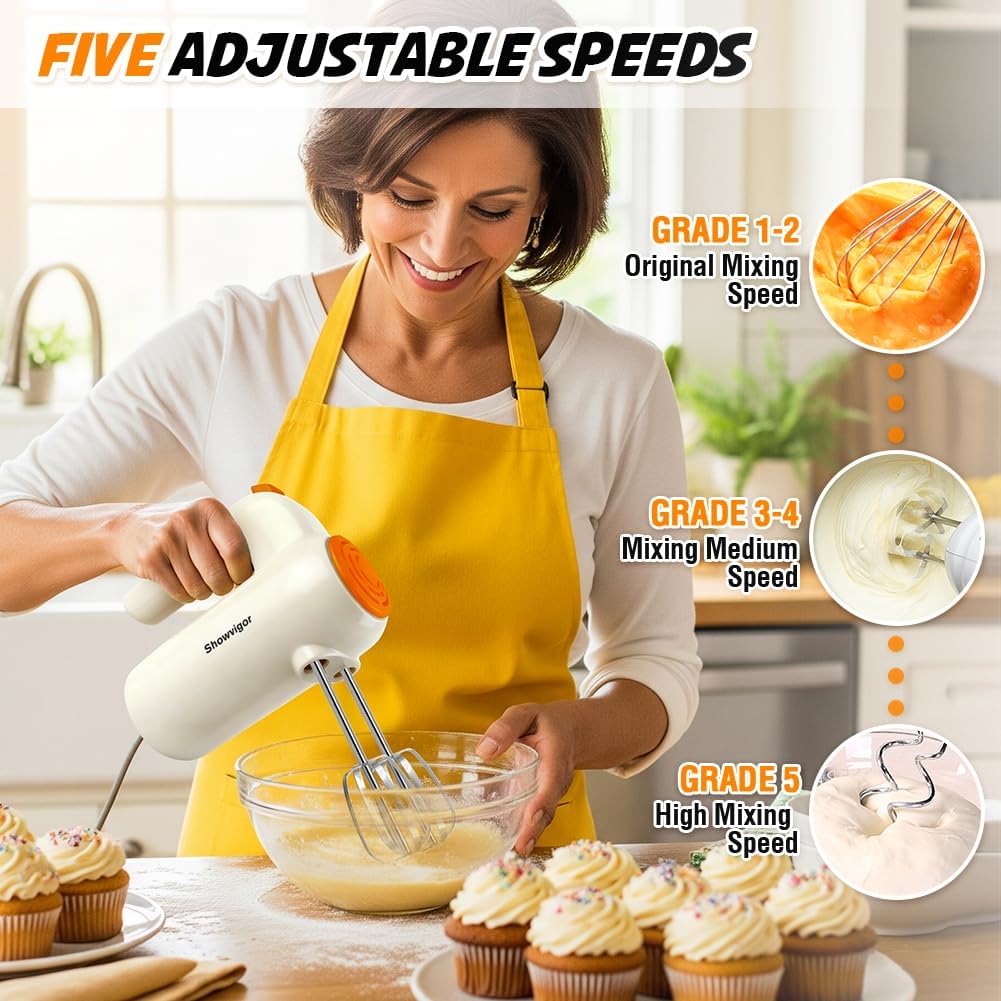 Hand Mixer, 5-Speed Electric Whisk with Turbo Boost Includes 5 Stainless Steel Attachments - Great Stand Mixer