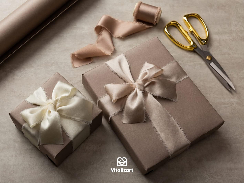 Silk Satin Ribbon 1-1/2 inch x 15 Yard with Wooden Spool Champagne & Nude Handmade Frayed Ribbons for Gift Wrapping