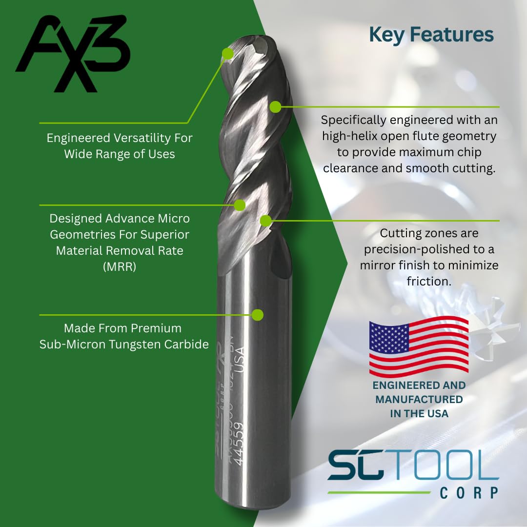 AX3 3-Flute 1/4" Carbide End Mill Ball Nose 3/4" LOC | Uncoated SCT10146