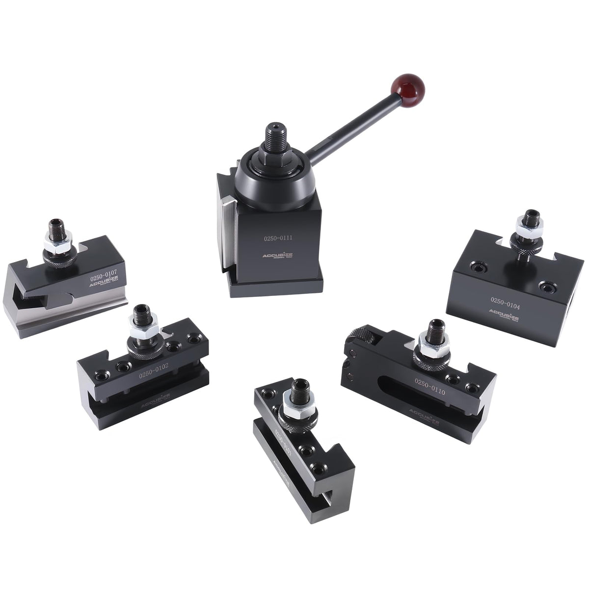 Accusize Industrial Tools - AXA 6 Pc Wedge Type Quick Change Tool Post Set, for Lathe Swing 6-12 Inches, Includes 5 Tool Holders, 0251-0111