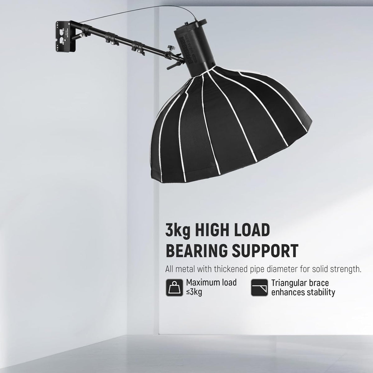 Ring Light Wall Mount Boom Arm, 22"-46"/55-116cm, Aluminum Alloy | 180° Swivel, Triangle Light Wall Mounting, for