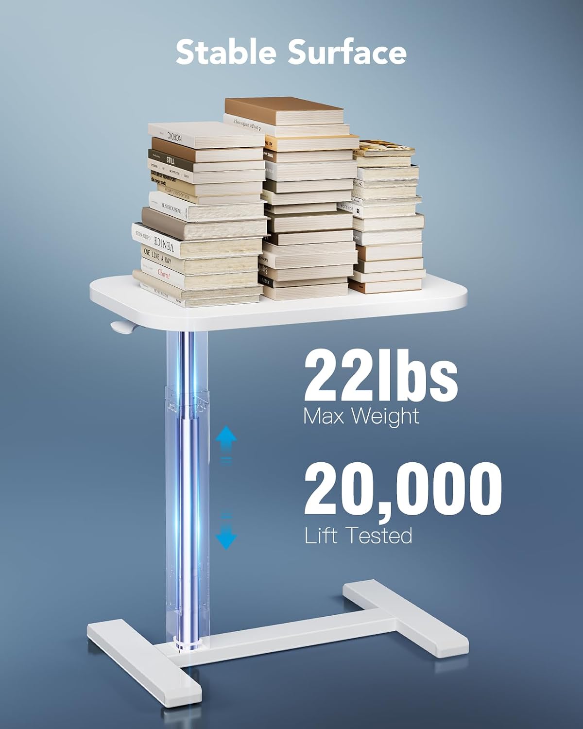 32Inch Bedside Table with Wheels, Height-Adjustable Rolling Computer Cart, Overbed Table with Cup Holder, Pneumatic