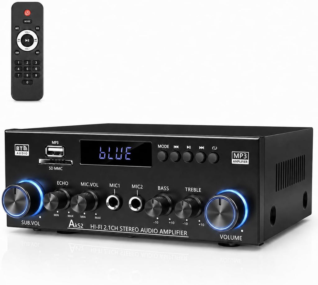 Bluetooth 5.0 Stereo Amplifier, 2.1 Channel 400W Home Audio Stereo Receiver for 2 Passive Speakers & Passive