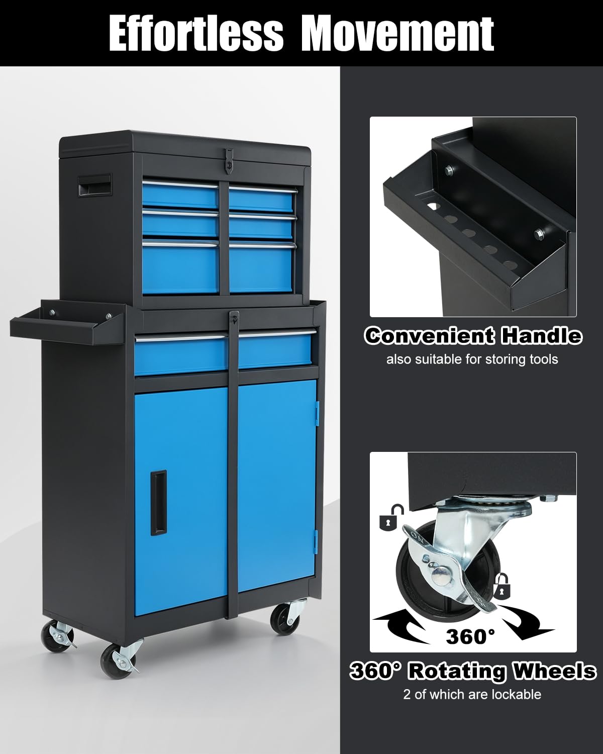 4-Drawer Rolling Tool Chest, 2-in-1 Storage Toolbox, Blue & Black