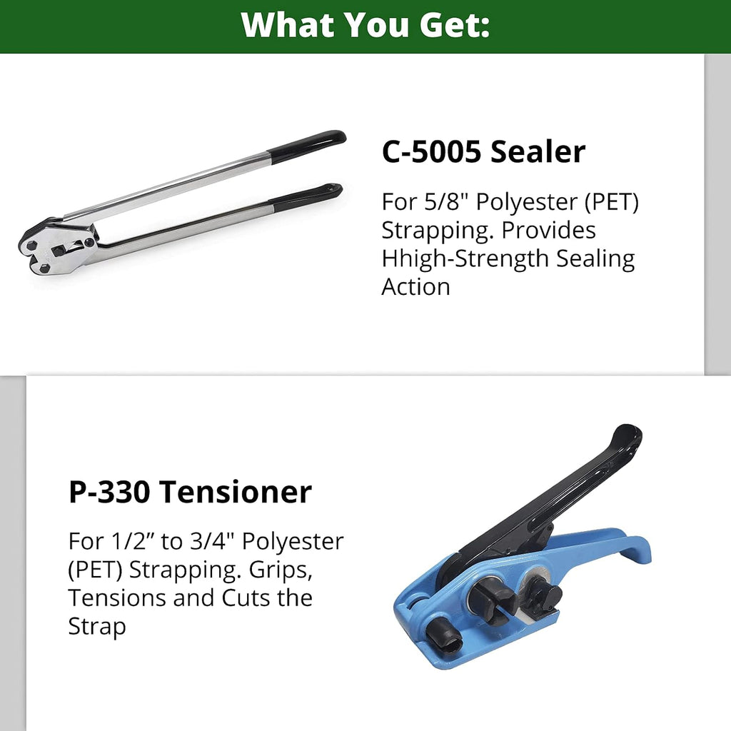 P-330, C-5005 Strapping Tool Set for 5/8" Polyester (PET) Strapping - Tensioner and Sealer for Plastic Polyester