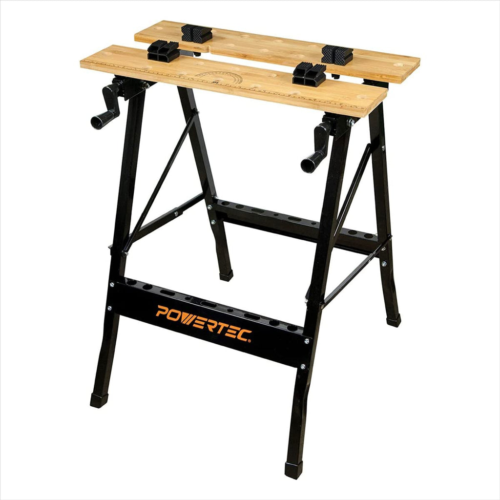 Portable Small Workbench with Vise, Imprinted Ruler and Protractor Scale, Folding Sawhorse/Worktable and 4 Bench Dogs
