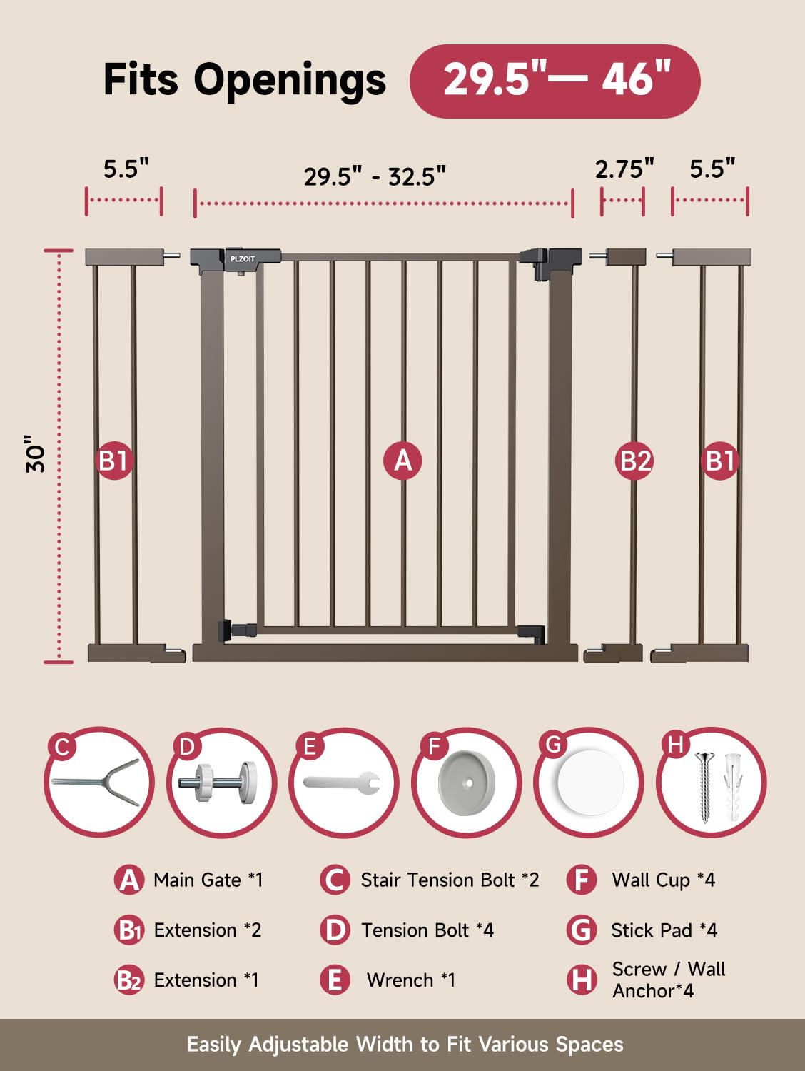 29.5-46" Extra-Tall & Extra-Wide Adjustable Hardware/Pressure-Mounted Pet & Child Safety Gate with Auto-Close Walk-Through Door for Stairs, Hallways & Wide Doorways