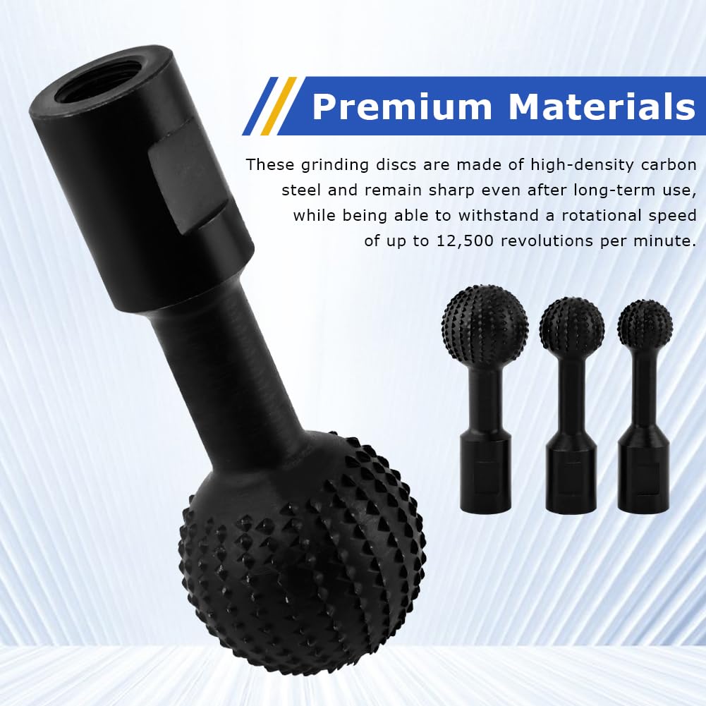 Sphere Rotary Burr Set 3Pcs, 5/8-11 Thread Ball Gouge Angle Attachment