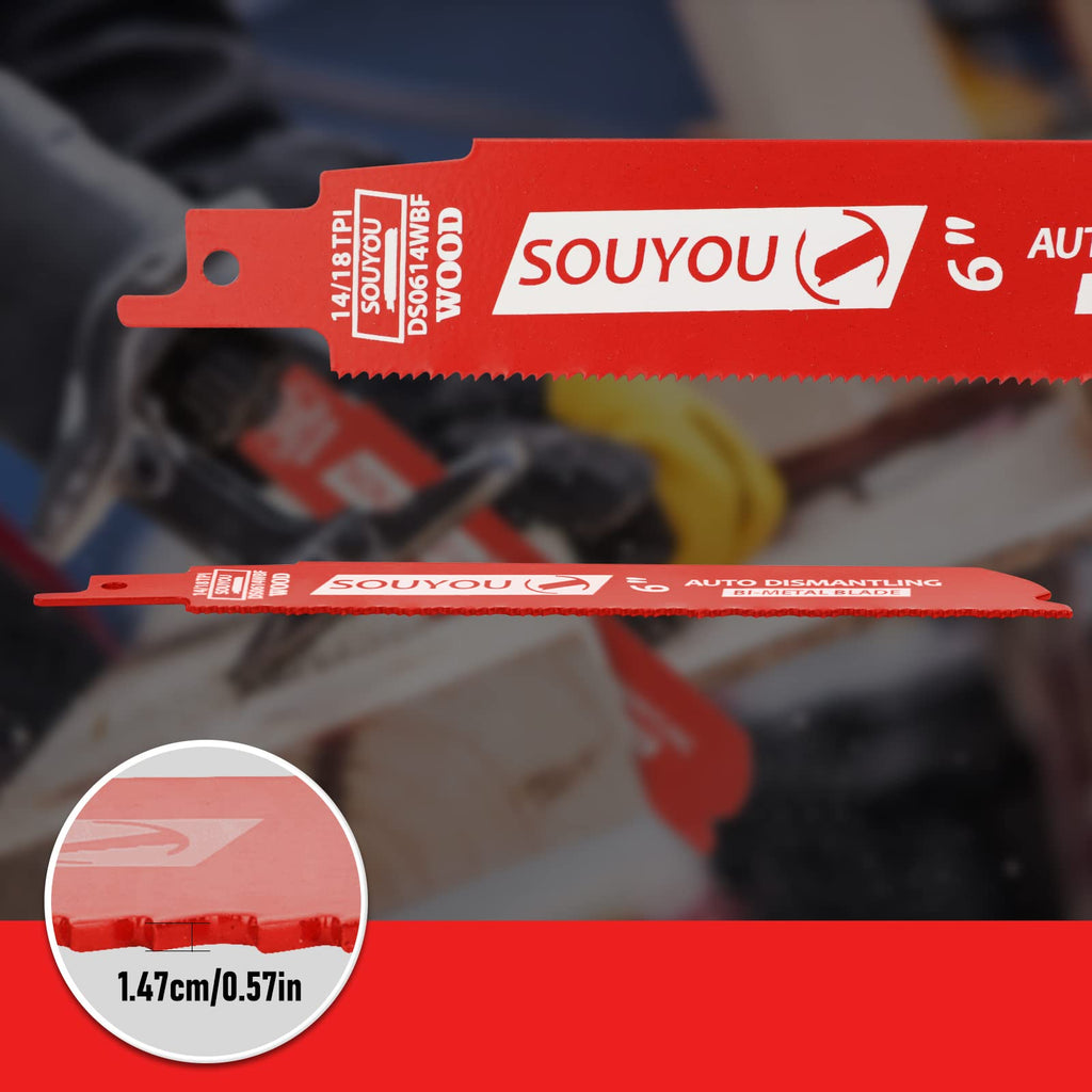 Souyou 50 Pack 6 Inch 14/18 TPI Bi-Metal Reciprocating Saw Blade Carbide Alloy Steel for Metal Steel Wood Cutting, Non-Stick Coated for Less Heat and Friction, for 1/16-5/16 Medium Metals