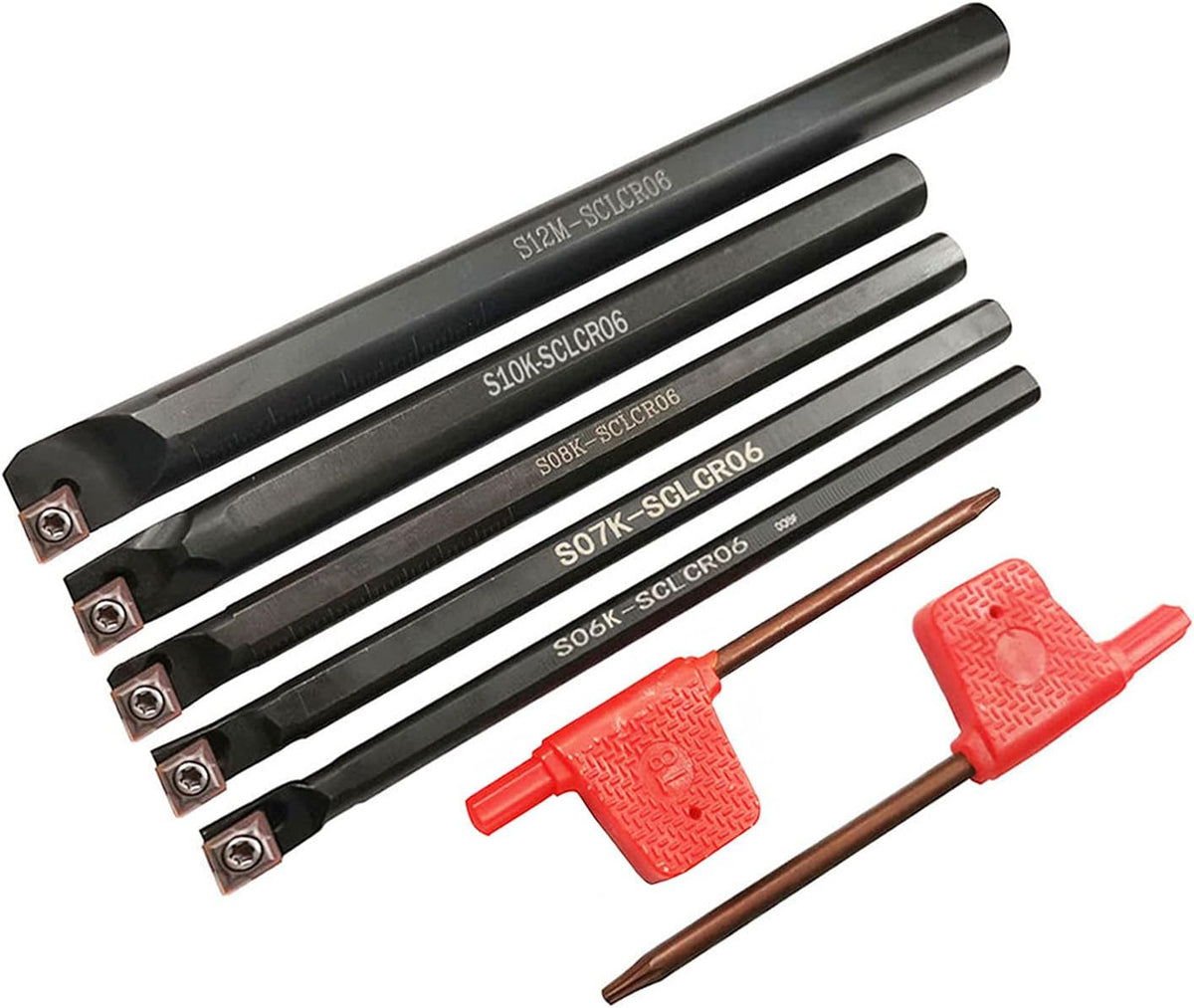 S06K/S07K/S08K/S10K/S12M-SCLCR06 Lathe Indexable Internal Boring Bar Set, Lathe Turning Tools Holder Set with CCMT21.51/CCMT060204 Carbide Indexable Boring Turning Inserts + 5pcs T8 Wrench