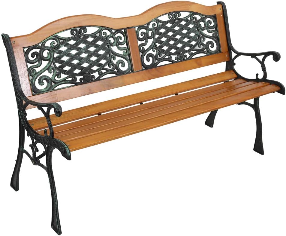 Classic Cast Iron & Teak Arched Back Rectangular Outdoor Bench, 3-Seater, 470 lbs Capacity, Easy Assembly, Weather