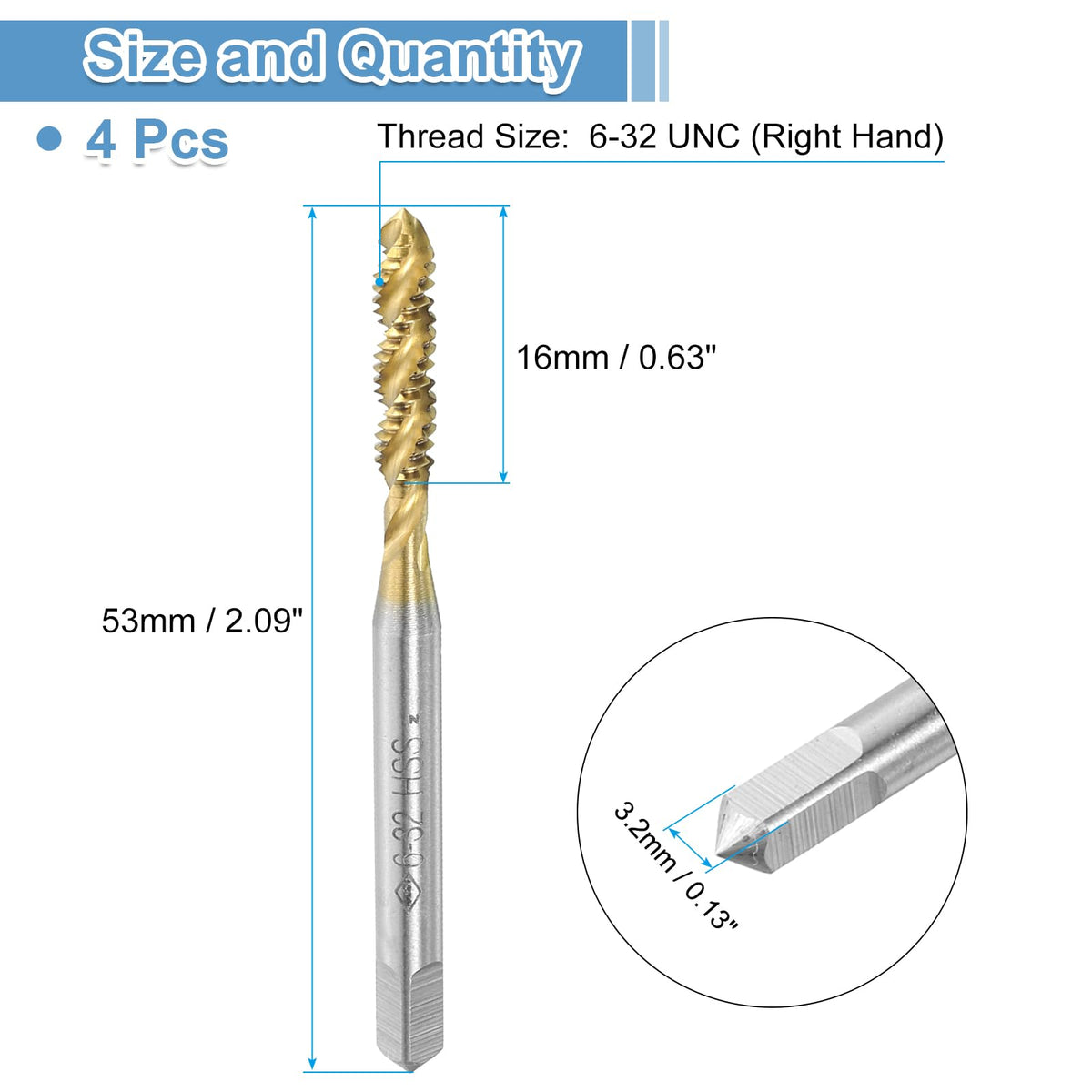 uxcell 4pcs Spiral Flute Thread Taps, 6-32 UNC H2 Screw Threading Tap, Titanium Coated 6542 High Speed Steel Machine Tapping Tools for Machinist Repair