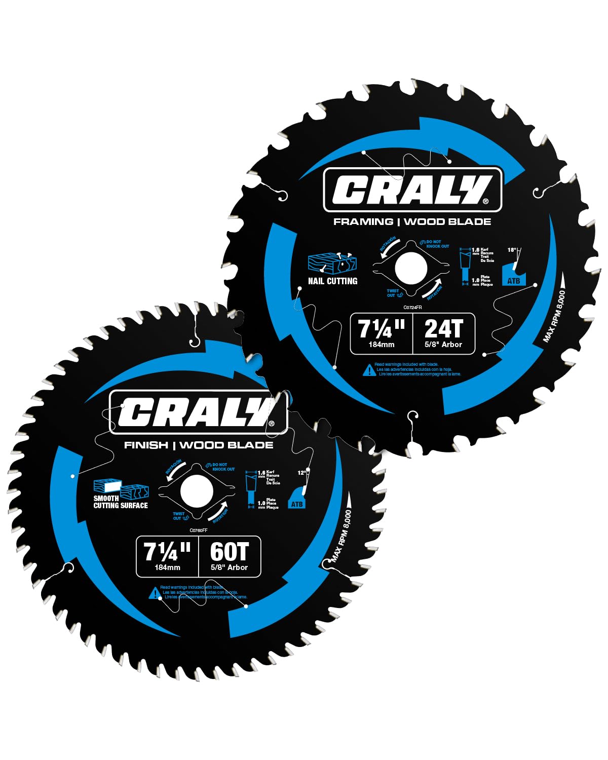 CRALY 7-1/4 Inch 24&60 Teeth Wood Cutting Framing/Fine Finish Circular Saw Blade, 5/8 Inch Arbor, Carbide Tipped, Thin Kerf, Black Ice, for Plywood, MDF, OSB, Laminated, 2-Pack(C072460-2C)
