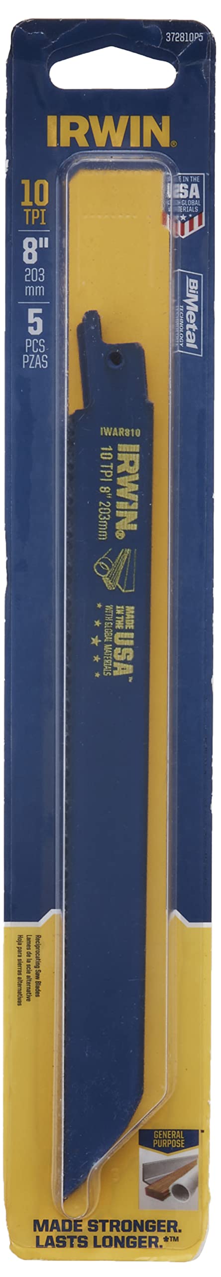 IRWIN Tools Reciprocating Saw Blade, Wood- and Metal-Cutting, 8-Inch 10 TPI, 5 Pack (372810P5)
