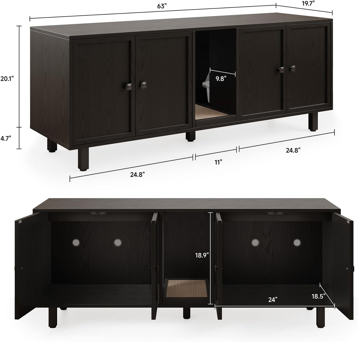 63 Inches Cat Litter Box Enclosure for 2 Cats, Black