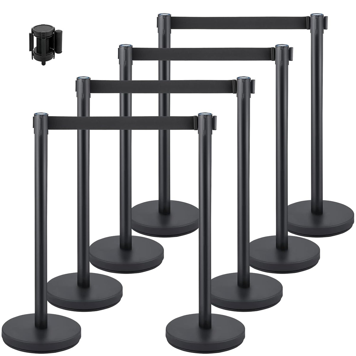 Crowd Control Stanchion Set, Stanchion Set with 6.6 ft/2 m Black Retractable Belt, Black Crowd Control Barrier